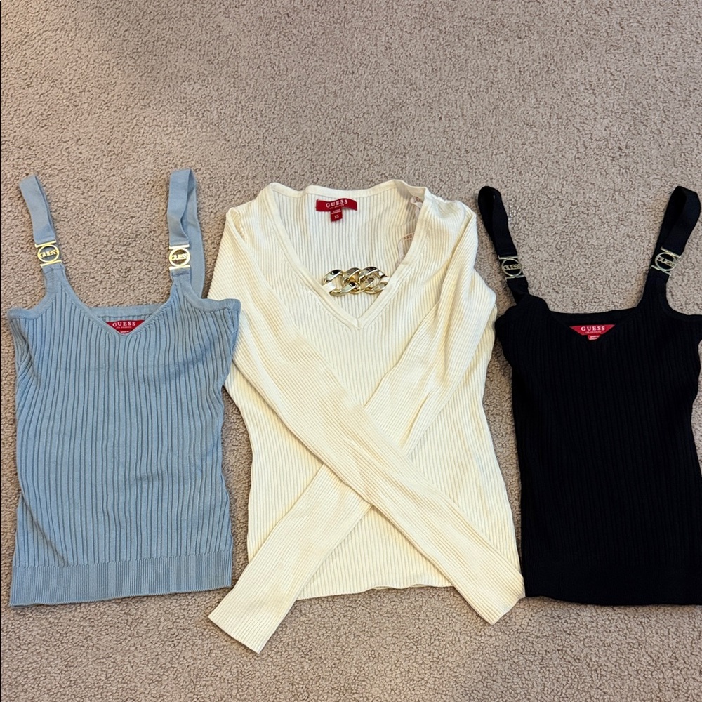 Guess Ribbed Knit Top Trio in Cream, Black, and Gray
